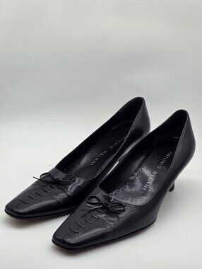 Antonio Melani Black Leather Square Toe Bow Kitten Heel Pumps Shoes Size 7.5